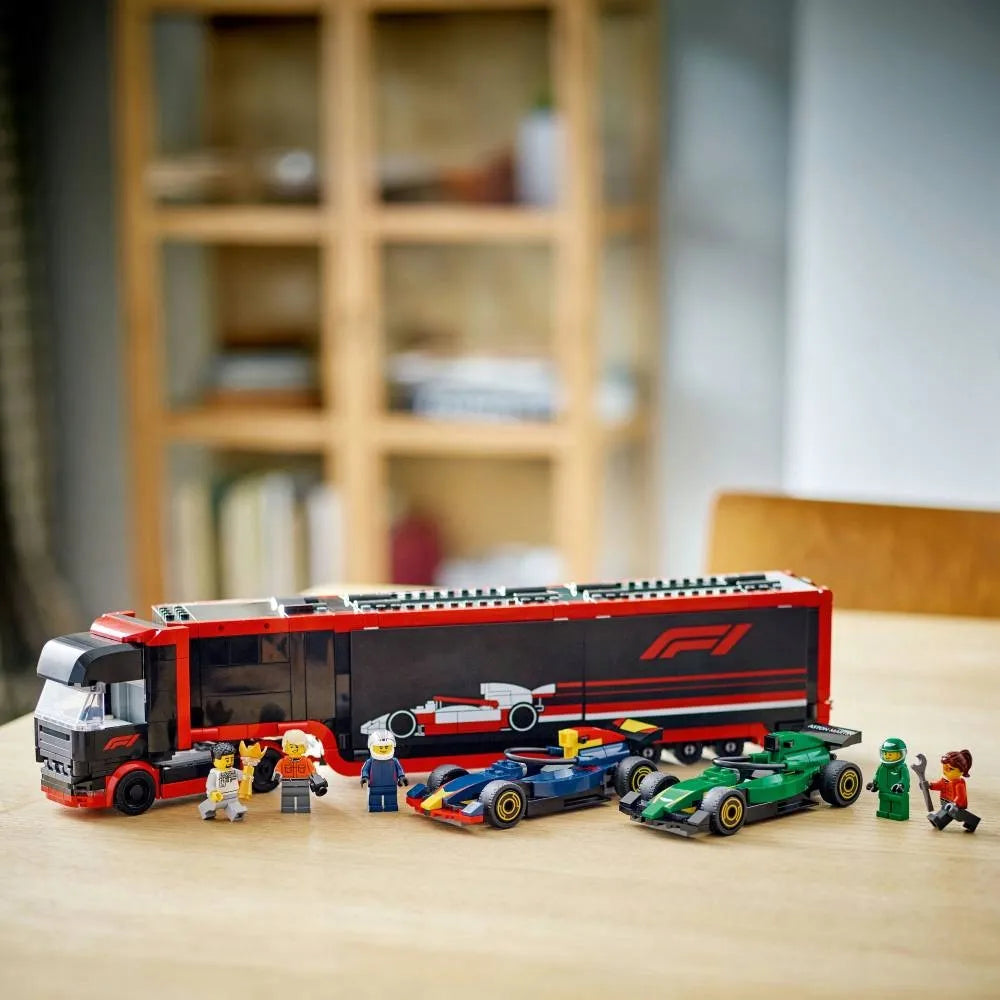 LEGO 60445 City F1 sunkvežimis su RB20 ir AMR24 F1 bolidais