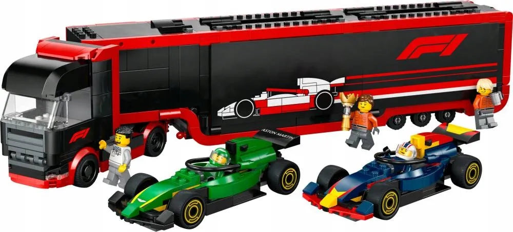 LEGO 60445 City F1 sunkvežimis su RB20 ir AMR24 F1 bolidais