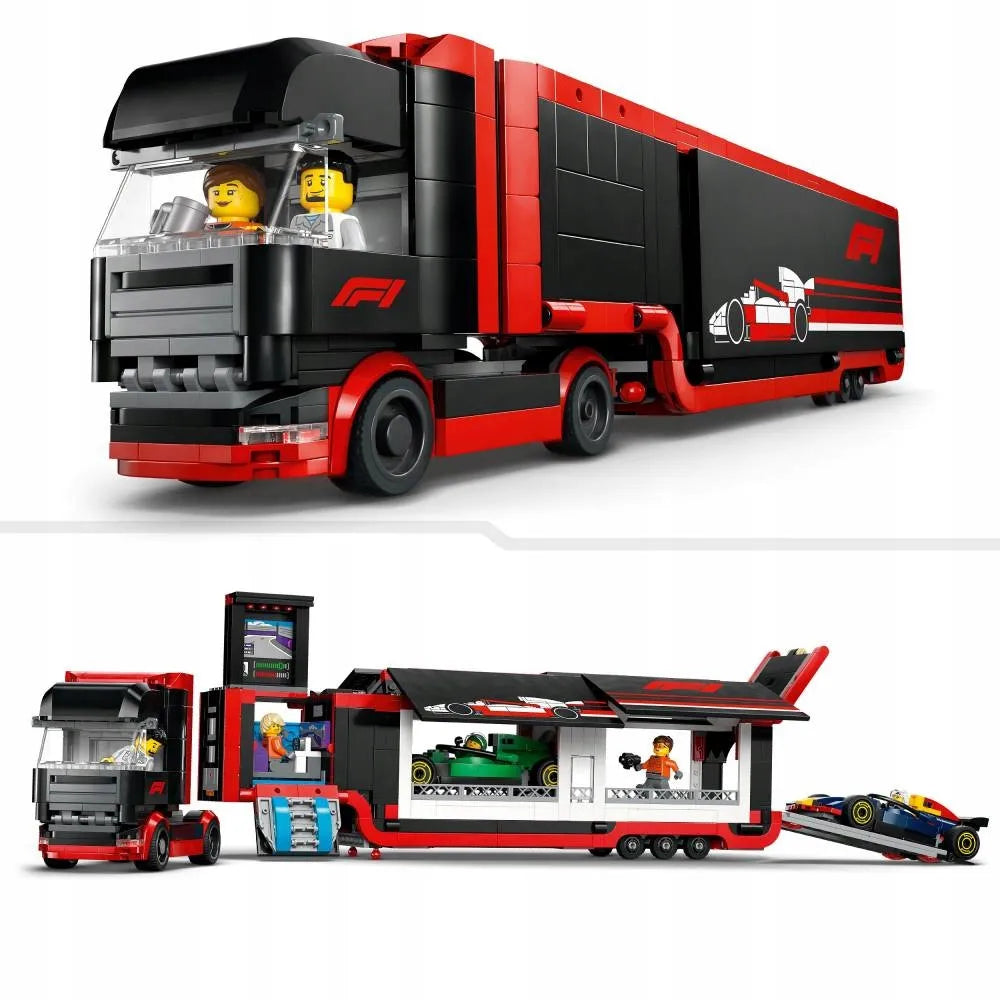 LEGO 60445 City F1 sunkvežimis su RB20 ir AMR24 F1 bolidais
