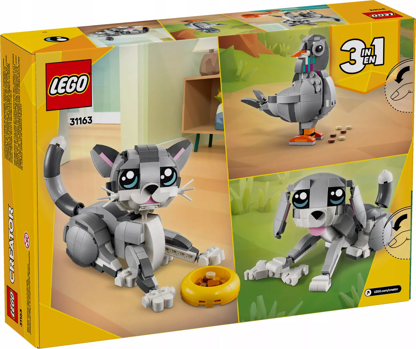 LEGO Creator 3 viename „Išdykęs katinas“, „Judrus šuo“ ir „Mielas balandis“ 31163