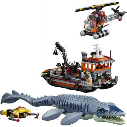 LEGO Jurassic World 77983 Mozazauro ataka prieš valtį – dinozauras, valtis, sraigtasparnis