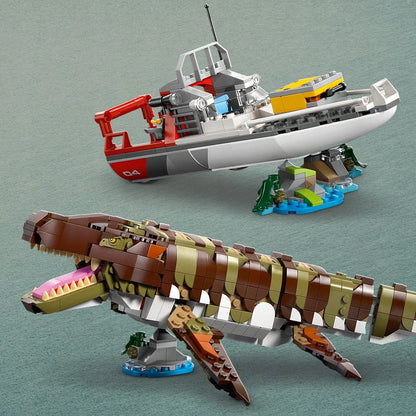 LEGO Jurassic World misija laivu ir mozazauro modelis 76974