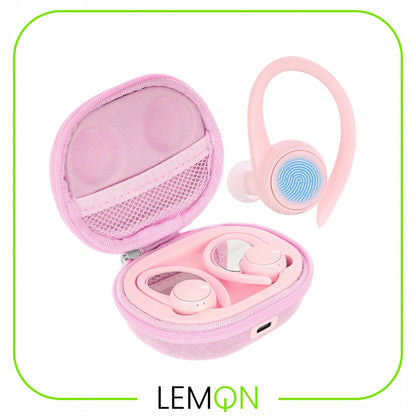 LEMON rožinės sportinės belaidės „Bluetooth“ į ausis įstatomos ausinės su įkrovimo dėklu