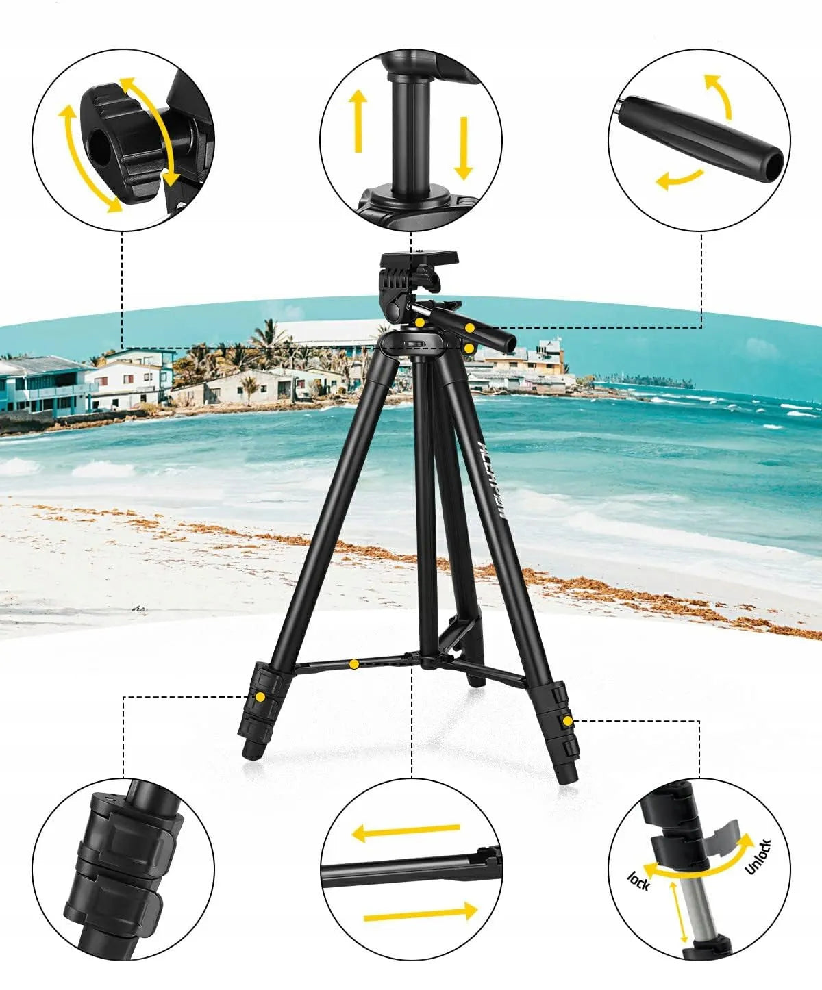 Lengvas aliumininis trikojis 39-135 cm 0,5 kg 3in1 + BT nuotolinio valdymo pultas, telefono laikiklis + krepšys