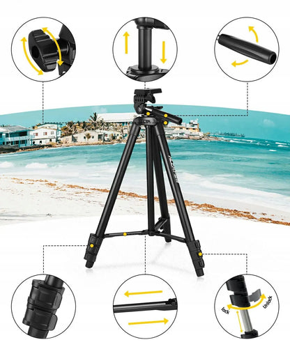 Lengvas aliumininis trikojis 39-135 cm 0,5 kg 3in1 + BT nuotolinio valdymo pultas, telefono laikiklis + krepšys