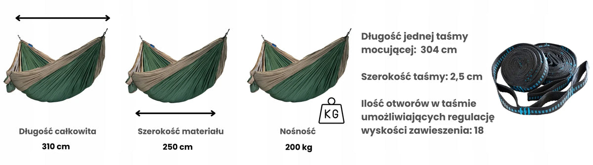 Lengvas turistinis hamakas pilkas su diržais ir karabinais bei dėklu POTENZA