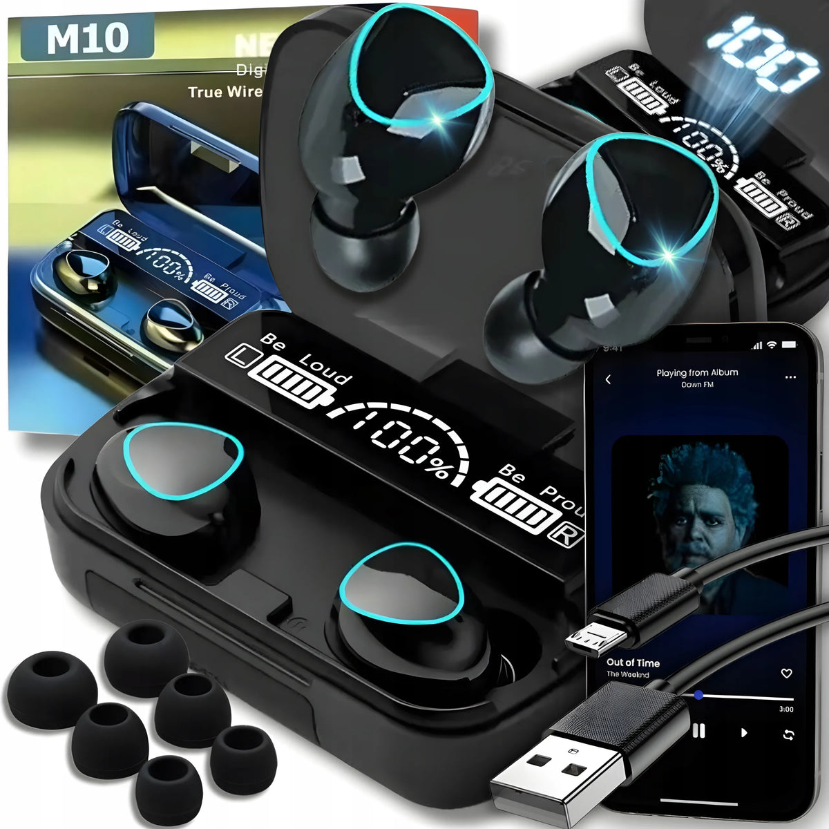 „Lewer M10“ belaidės į ausis įstatomos „Bluetooth“ ausinės su mikrofonu ir įkrovimo dėklu