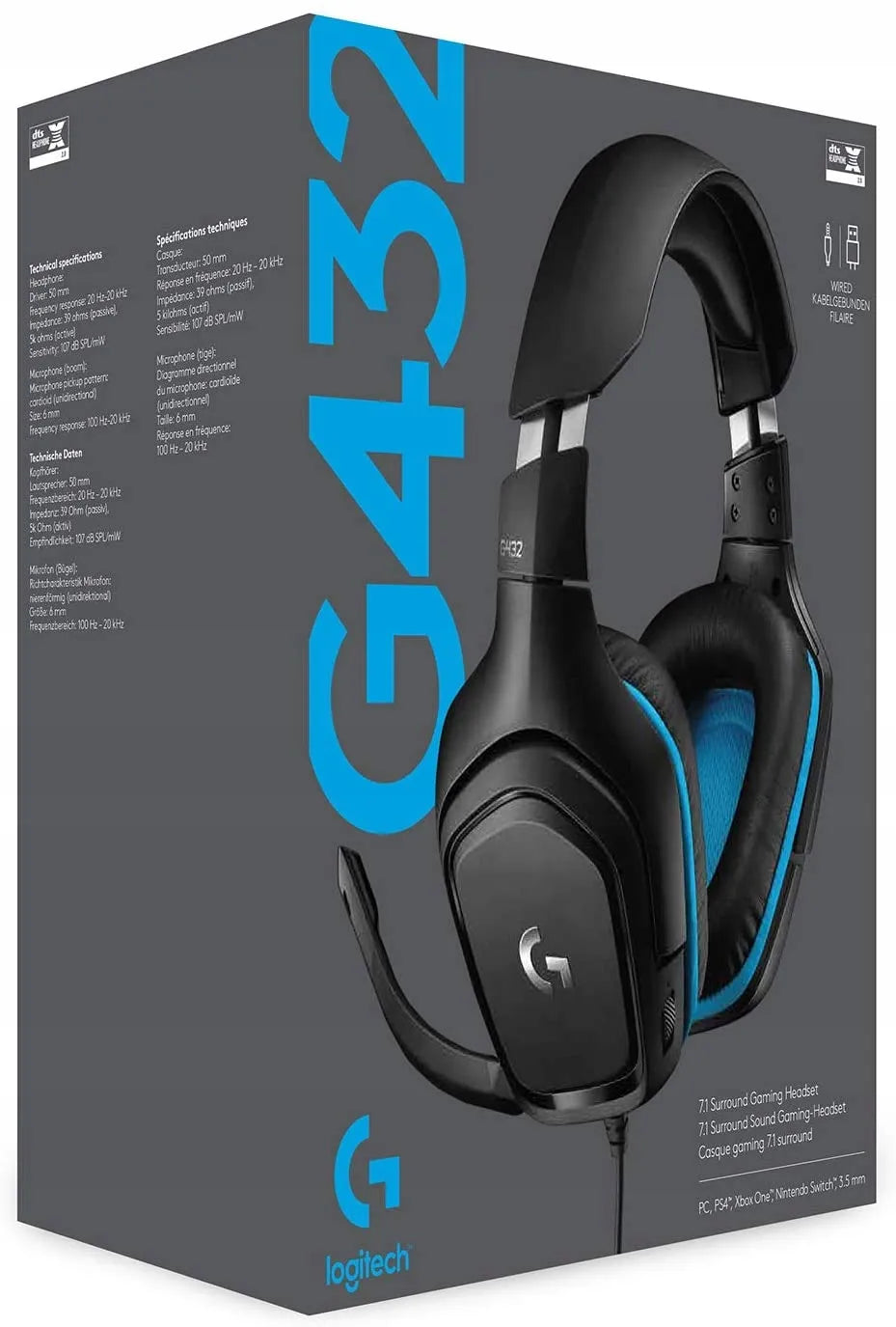 „Logitech G432“ 981-000770 laidinės žaidimų ausinės su mikrofonu, 7.1 erdviniu garsu, USB, juodos ir mėlynos
