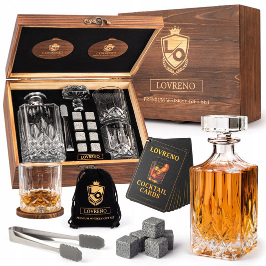 LOVRENO viskio rinkinys – karafė, stiklinės, akmenys, medinė dėžutė, dovana