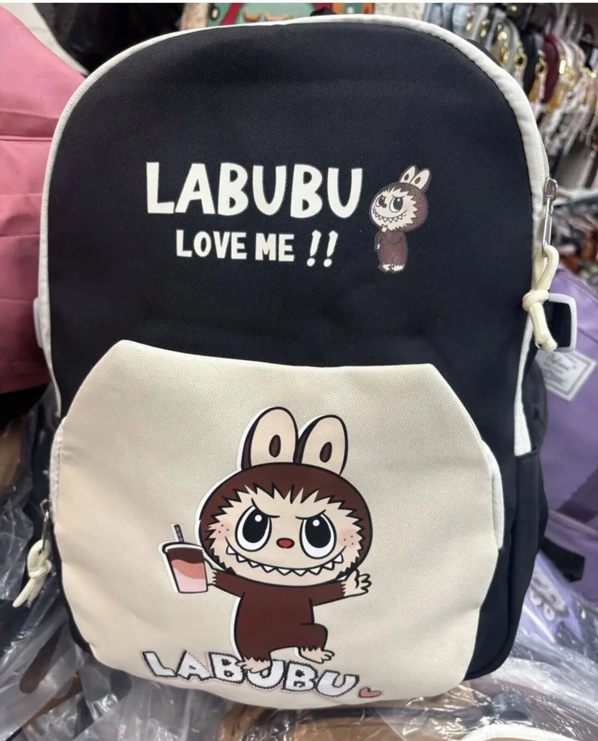 Madinga miesto kuprinė vaikams ir jaunimui Labubu stiliaus, juoda 2965
