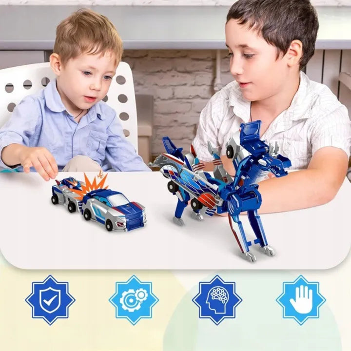 Magnetinis žaislas automobilis-dinozauras 2 viename su stipriais magnetais, mėlynas