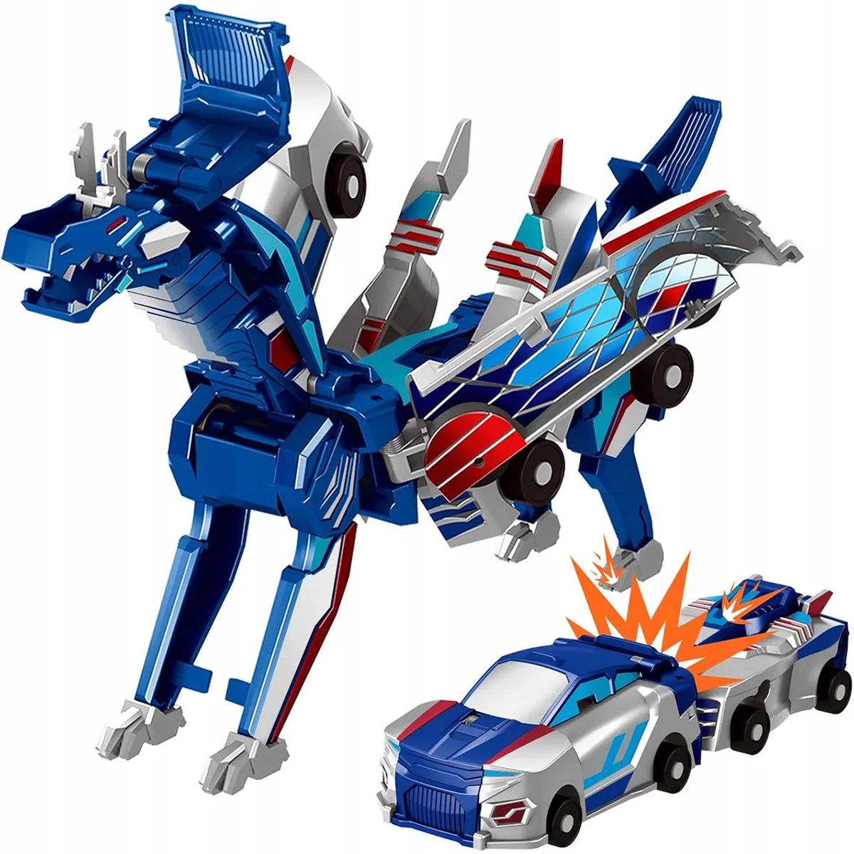 Magnetinis žaislas automobilis-dinozauras 2 viename su stipriais magnetais, mėlynas