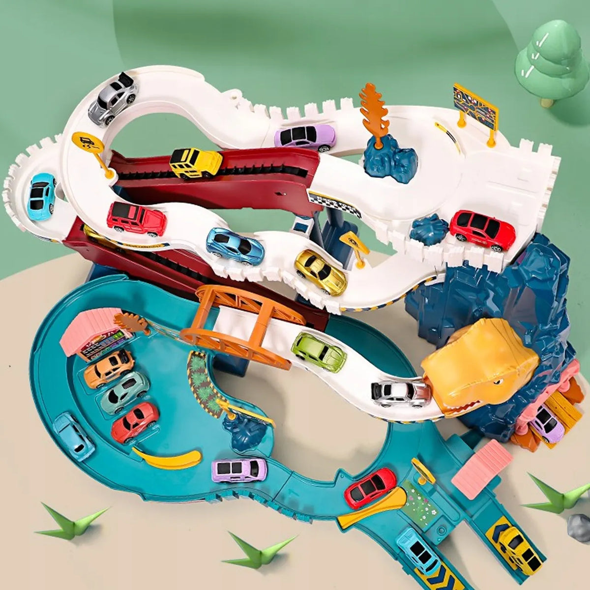 MalPlay dinozaurų lenktynių trasa su elektriniu keltuvu, tuneliu ir 4 automobiliais