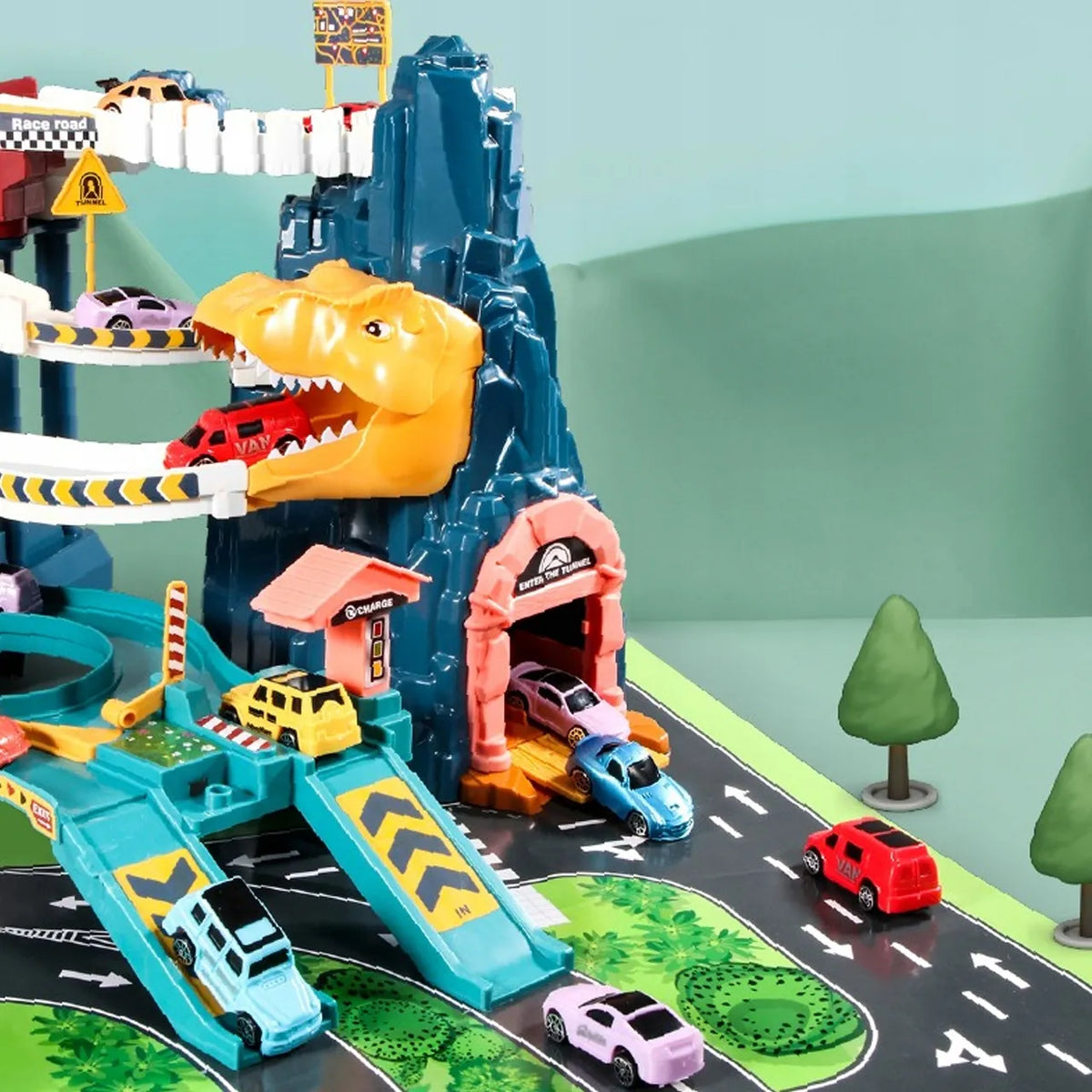 MalPlay dinozaurų lenktynių trasa su elektriniu keltuvu, tuneliu ir 4 automobiliais