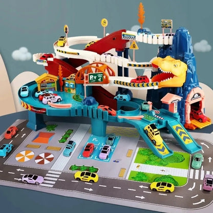 MalPlay dinozaurų lenktynių trasa su elektriniu keltuvu, tuneliu ir 4 automobiliais
