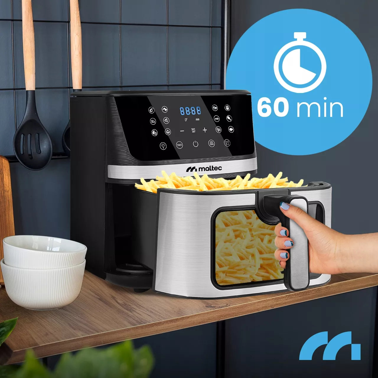Maltec bebalė oro gruzdintuvė Air Fryer, 7L talpos, 1800W galingumo, su langeliu