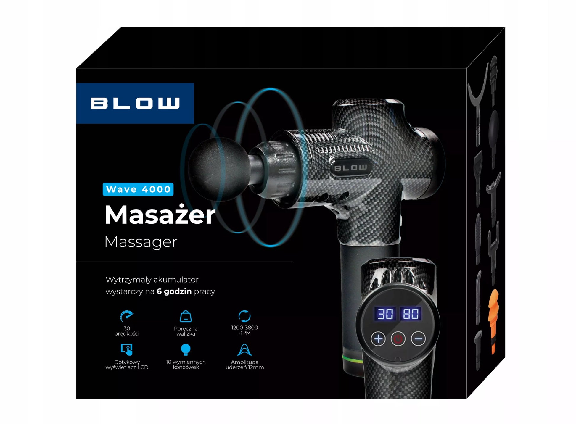 Masažo pistoletas BLOW Wave 4000, 10 galvučių, 100 W