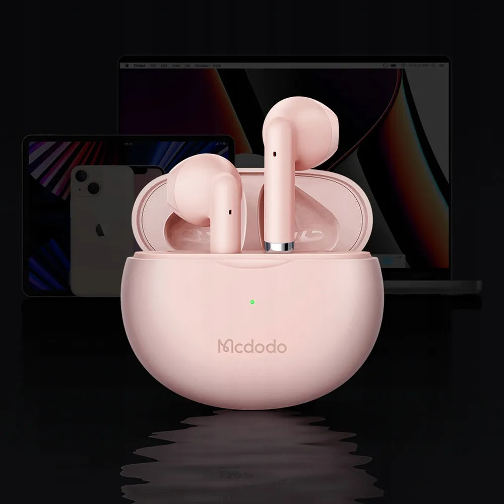 Mcdodo Earbuds Lite HP-8032 belaidės rožinės ausinės su mikrofonu ir įkrovimo dėklu