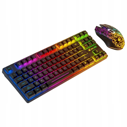 Mechaninė žaidimų klaviatūra su LED apšvietimu ir belaidė RGB pelė, rinkinys