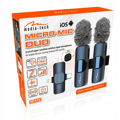 Media-Tech MT416 – 2 belaidžiai prisegami mini mikrofonai telefonui su USB-C ir Lightning imtuvu