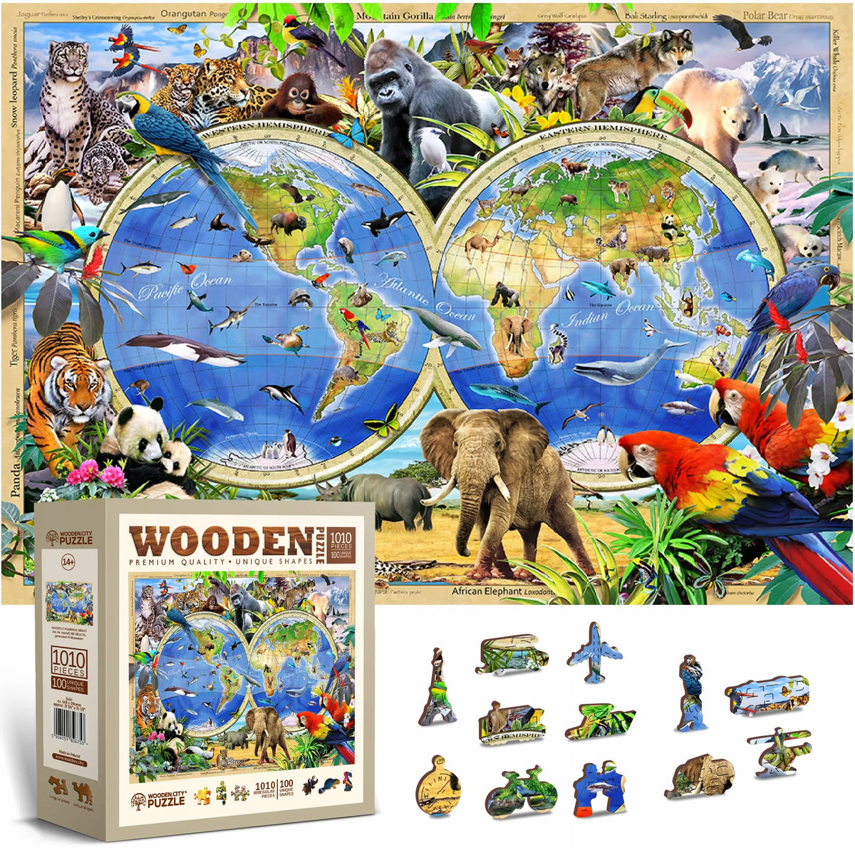 Medinė dėlionė WoodenCity 1010 detalių Pasaulio gyvūnai