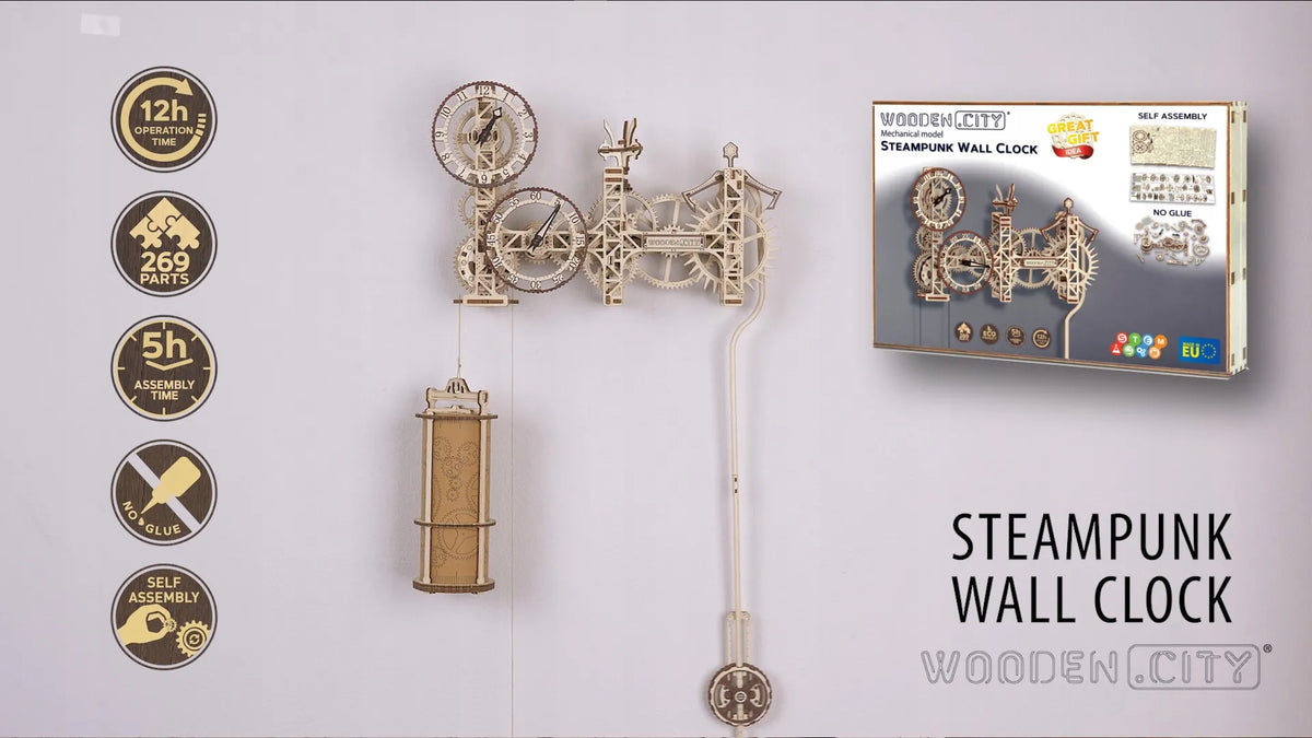 Medinis steampunk stiliaus sieninis laikrodis Wooden.City, 3D dėlionė