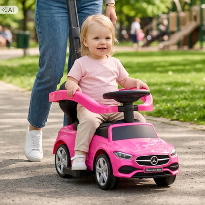 „Mercedes C-Class“ automobilis-paspirtukas, stūmiklis ir vaikštynė, rausvas, „Sun Baby“