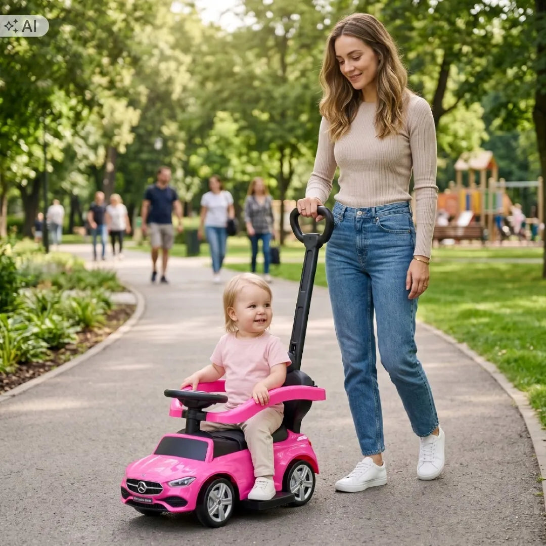 „Mercedes C-Class“ automobilis-paspirtukas, stūmiklis ir vaikštynė, rausvas, „Sun Baby“