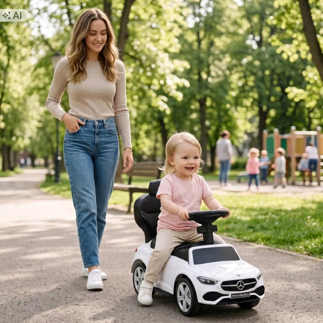 „Mercedes C-Class“ vaikiška važiuoklė–stumdukas su stūmikliu ir kojų atramomis