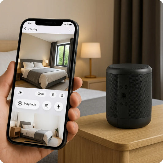 MINI WI-FI ŠPIUNINĖ KAMERA GARSIAKALBYJE SU JUDESIO JUTIKLIU IR VAIZDO PERŽIŪRA TELEFONE