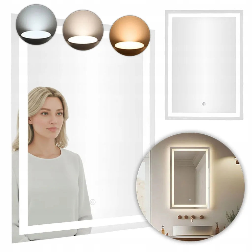 ModernHome LED vonios veidrodis, 50 × 70 cm, 3 šviesos spalvos