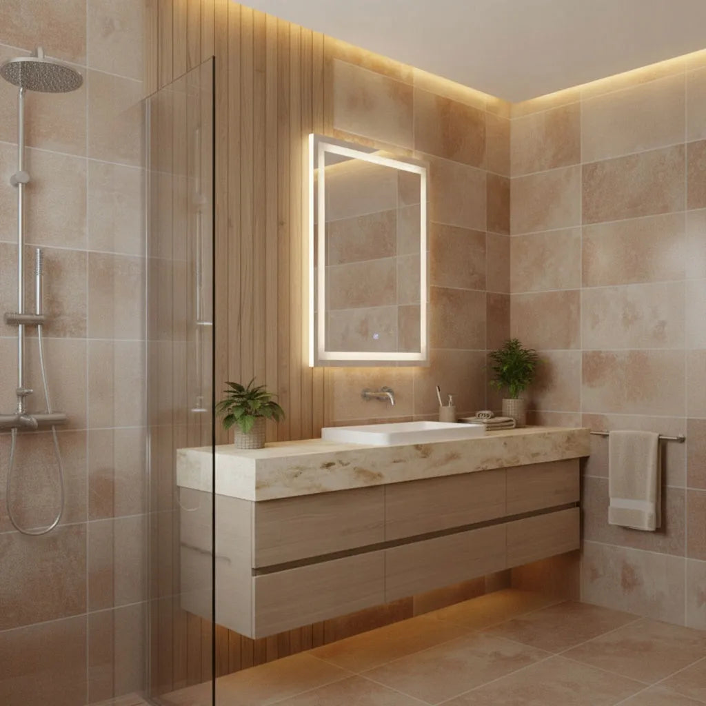 ModernHome LED vonios veidrodis, 50 × 70 cm, 3 šviesos spalvos