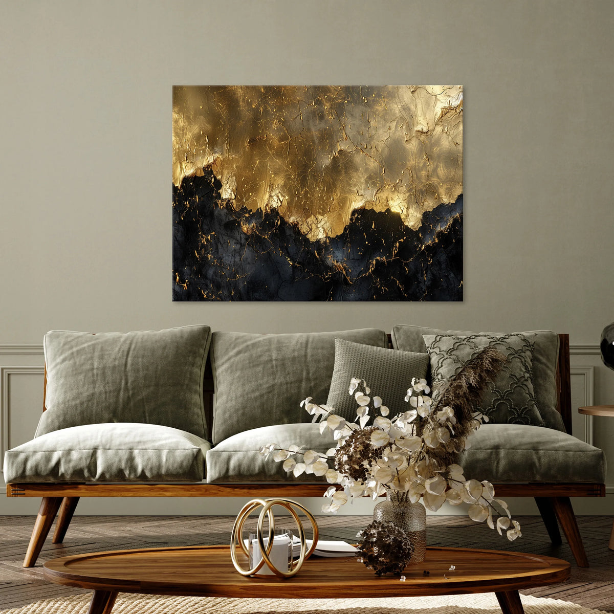 Modernus abstraktus aukso ir juodos spalvų paveikslas ant drobės su rėmu miegamajam, 100 × 70 cm