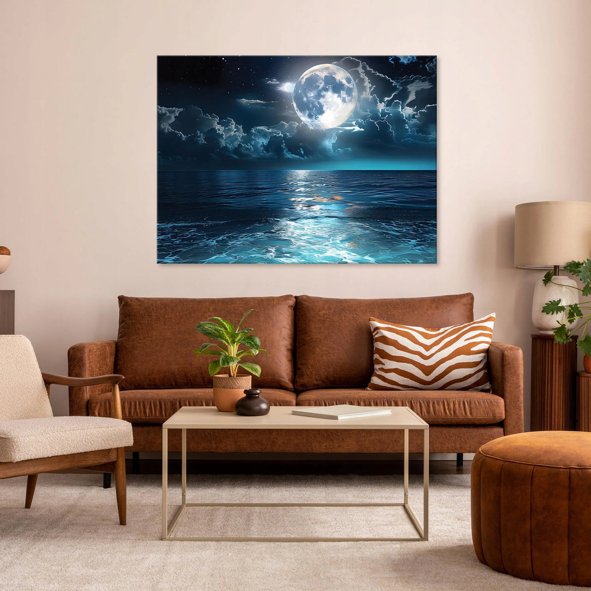 Modernus didelis drobės paveikslas „Jūra, mėnulis ir naktinis dangus“, turkio ir mėlynos spalvos, 120 × 80 cm