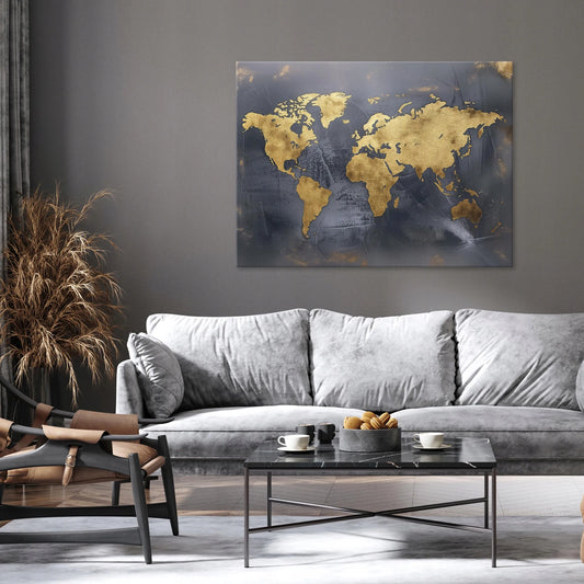 Modernus juodai auksinis pasaulio žemėlapio paveikslas ant drobės sienai, 100 × 70 cm