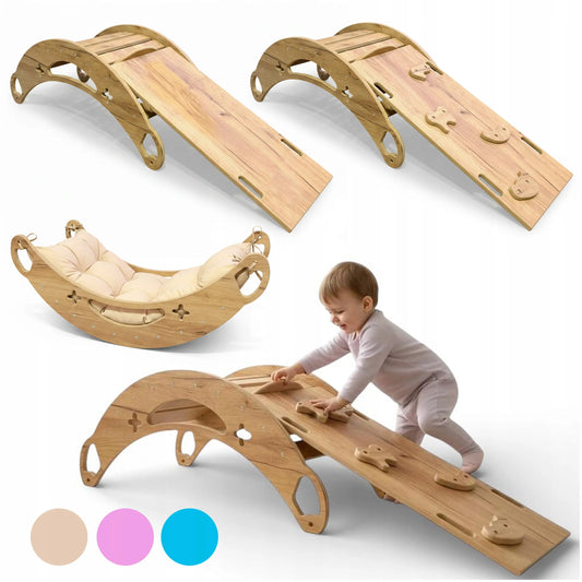 „Montessori“ supamasis žaislas vaikams 3 viename su pagalvėle, čiuožykla ir laipiojimo sienele, Wood Style