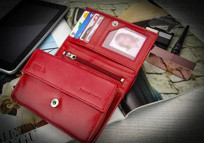 Moteriška odinė piniginė Gracio raudona talpi RFID kortelėms dokumentams su užspaudžiamu užsegimu