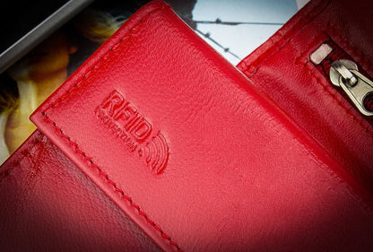 Moteriška odinė piniginė Gracio raudona talpi RFID kortelėms dokumentams su užspaudžiamu užsegimu