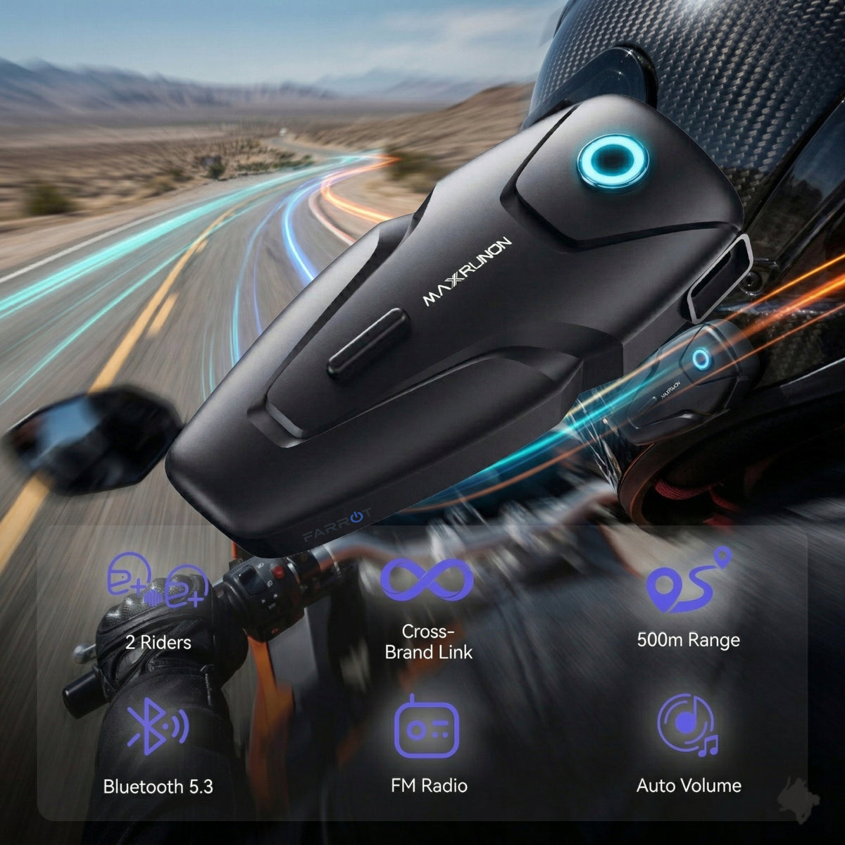 Motociklu interkoms Bluetooth 5.3 ar ANC — sakaru attālums 500 m, darbība līdz 100 km/h, 2 lietotājiem, IPX5 ūdensizturība