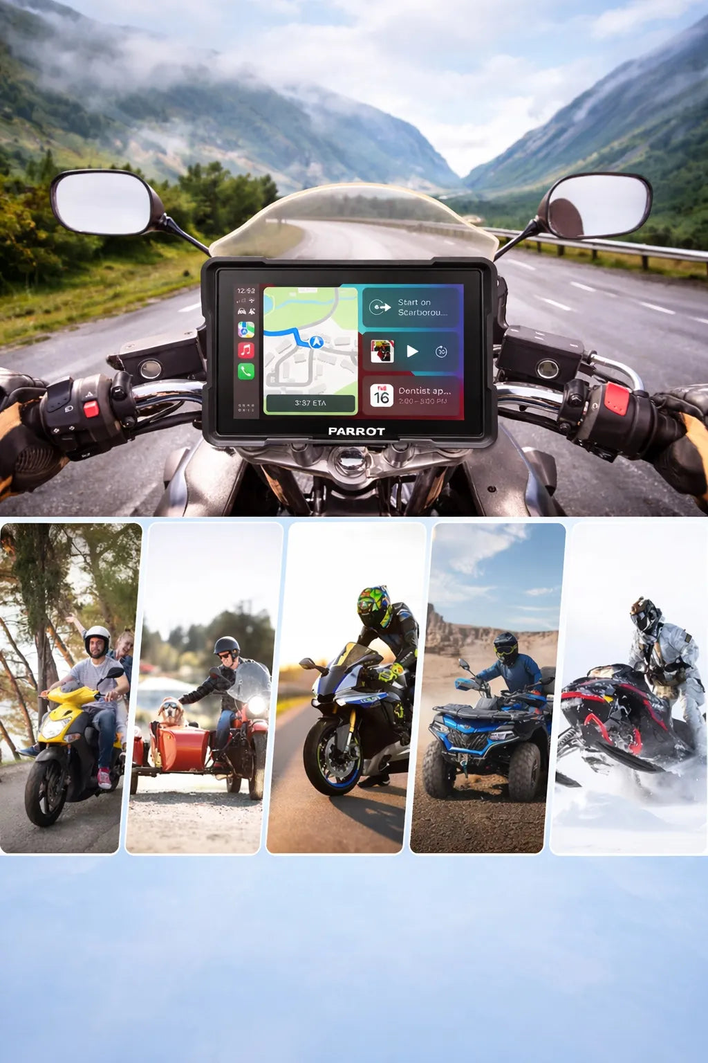 Motociklo navigacija FARROT (CarPlay, Android Auto)