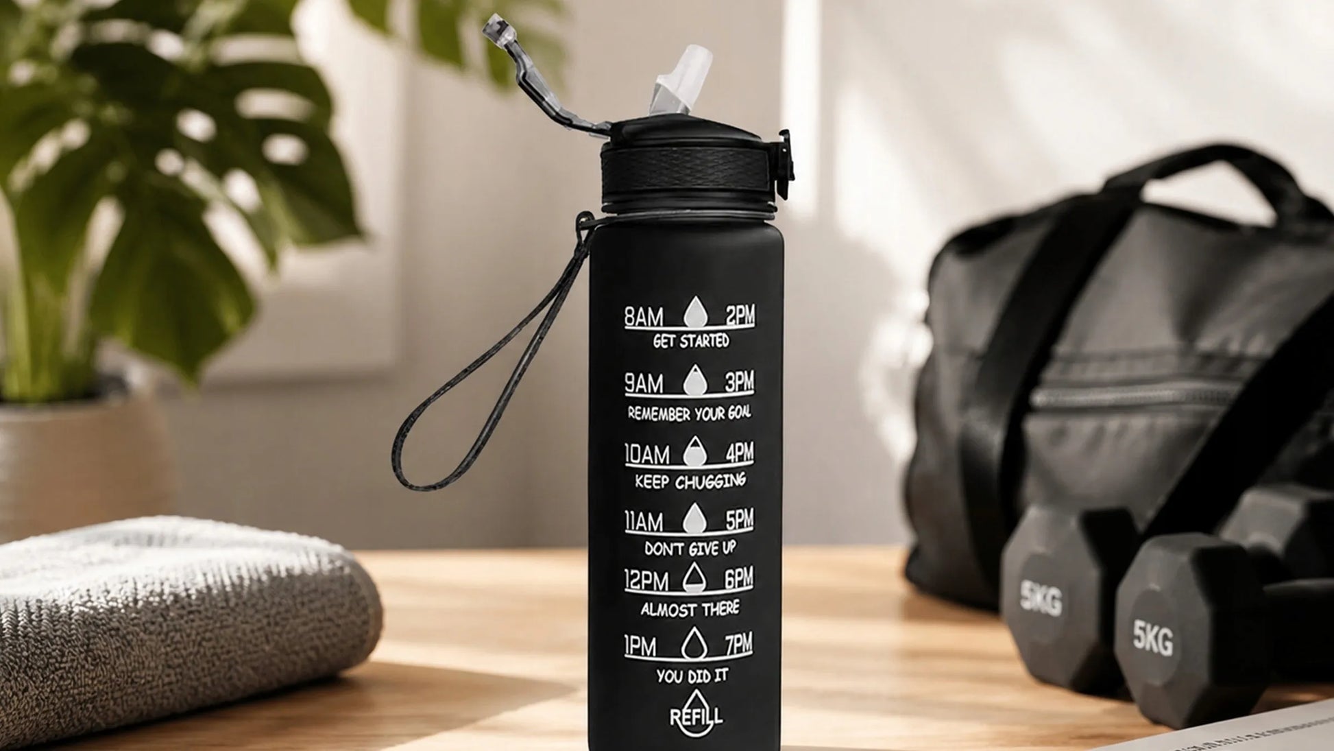 Motyvuojantis vandens butelis 1000 ml, gertuvė su matavimo skale sporto salei, fitnesui, 1 l