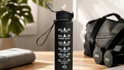 Motyvuojantis vandens butelis 1000 ml, gertuvė su matavimo skale sporto salei, fitnesui, 1 l