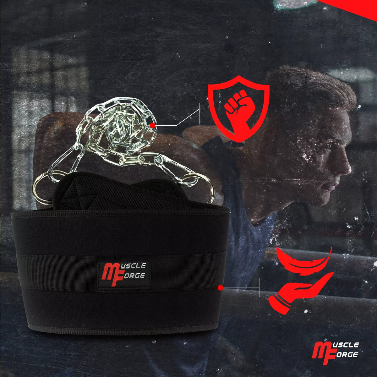 MuscleForge DIP BELT patvarus svorių diržas su grandine 240 kg