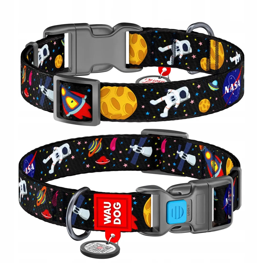 Nailoninis šuns antkaklis Waudog su QR kodu, NASA raštas, fastex sagtis, L dydis