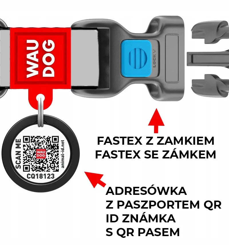 Nailoninis šuns antkaklis Waudog su QR kodu, NASA raštas, fastex sagtis, L dydis