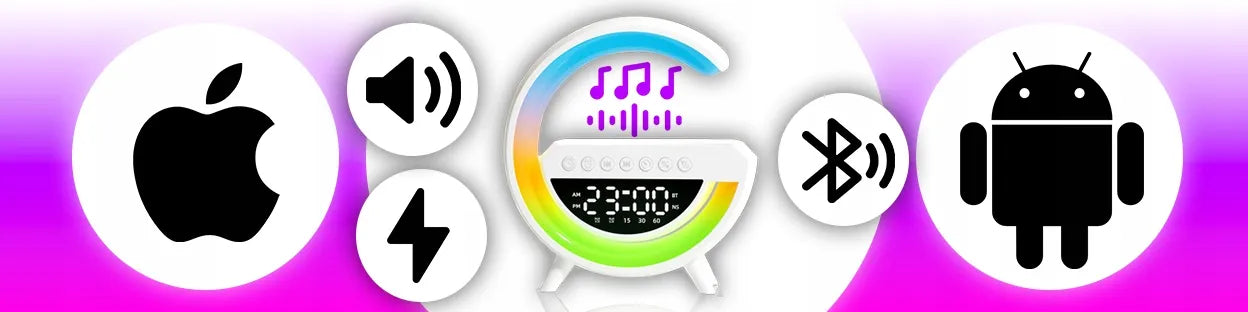 Naktinė LED RGB lemputė su Bluetooth garsiakalbiu, 15 W indukciniu įkrovikliu, laikrodžiu ir žadintuvu RETOO