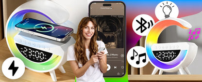 Naktinė LED RGB lemputė su Bluetooth garsiakalbiu, 15 W indukciniu įkrovikliu, laikrodžiu ir žadintuvu RETOO