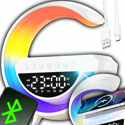 Naktinė LED RGB lemputė su Bluetooth garsiakalbiu, 15 W indukciniu įkrovikliu, laikrodžiu ir žadintuvu RETOO