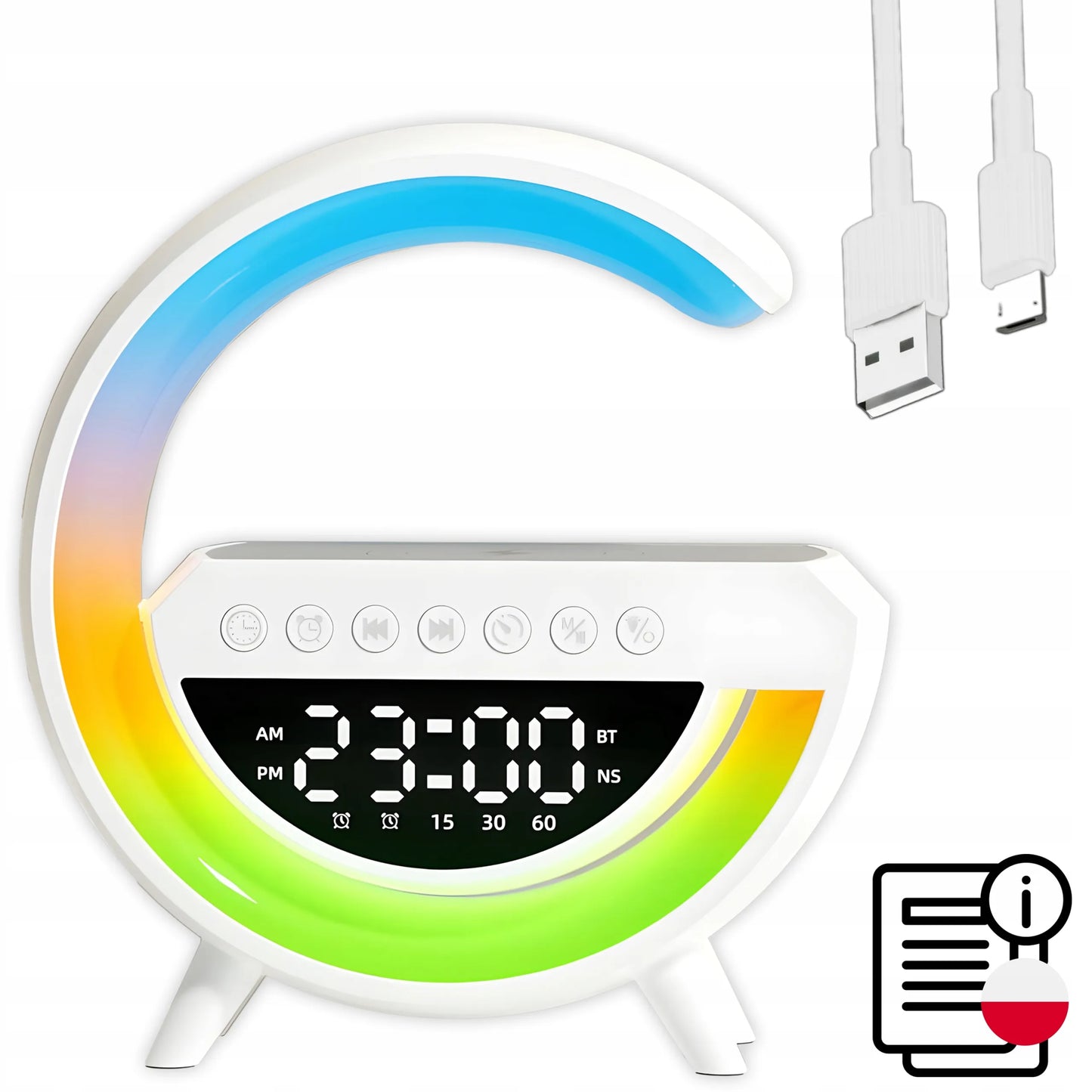Naktinė LED RGB lemputė su Bluetooth garsiakalbiu, 15 W indukciniu įkrovikliu, laikrodžiu ir žadintuvu RETOO