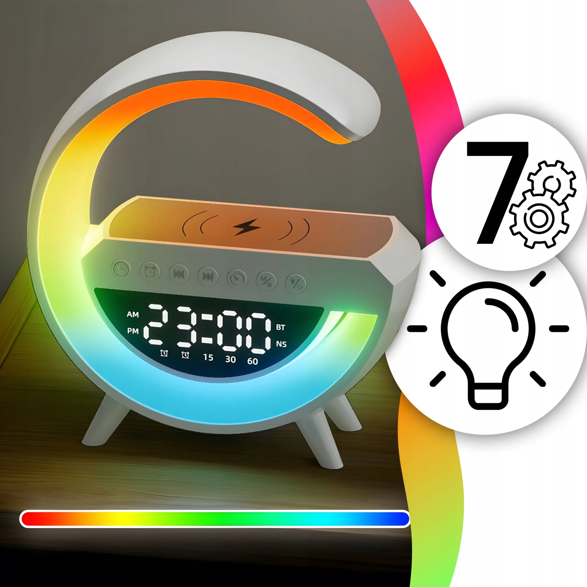 Naktinė LED RGB lemputė su Bluetooth garsiakalbiu, 15 W indukciniu įkrovikliu, laikrodžiu ir žadintuvu RETOO